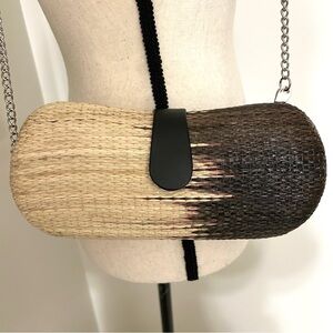 Le Sac Two-Tone Straw Clutch Bag Brown & Tan | Velvet Lined Chain Strap New